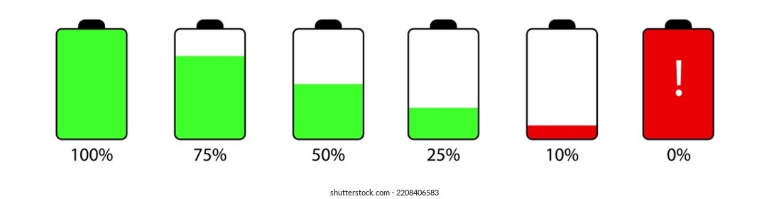 Phone Battery Indicator Icon With Percentage. Energy Level. Power Indicator. Full - Low - Empty. Vector Illustration.