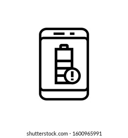 Phone battery low alert  icon in outline style on white background, linear style sign for mobile concept and web design, Smartphone battery warning sign vector icon, Symbol, logo illustration, Vector 