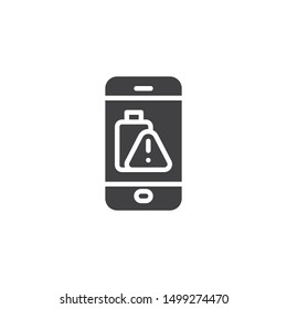 Phone battery low alert vector icon. filled flat sign for mobile concept and web design. Smartphone battery warning sign glyph icon. Symbol, logo illustration. Vector graphics
