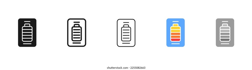 Phone with battery set icon. Charge, low, full and medium charge, window conrol, phone bar. Business concept. Vector five icon in different style on white background