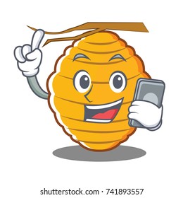 With phone bee hive character cartoon