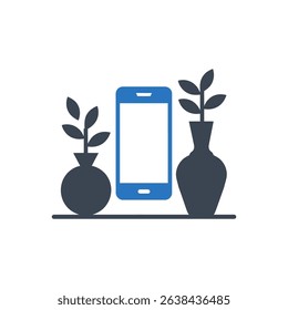 A phone between two vases with plants icon.