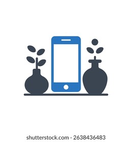 A phone between vases with leaves icon.