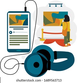 
phone and big headphones with running program play 
soundtrack. Concept online guide or audio book.  Self education and cultural development. Illustration in flat style. 