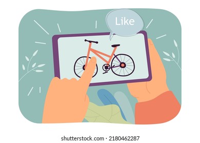 Phone with bike on screen in hands flat vector illustration. Person choosing in online store. Shopping, sport, hobby concept for banner, website design or landing web page