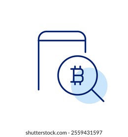 Phone, bitcoin and magnifying glass. Cryptocurrency transactions. Pixel perfect, editable stroke icon
