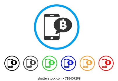 Phone Bitcoin SMS rounded icon. Style is a flat phone bitcoin SMS grey symbol inside light blue circle with black, gray, green, blue, red, orange color versions.