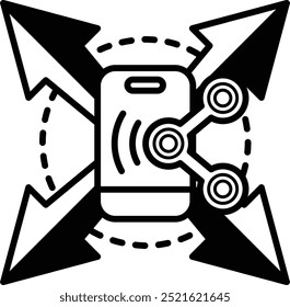 A phone with a black and white arrow pointing to the left and a red arrow pointing to the right. The phone is surrounded by four other arrows pointing in different directions