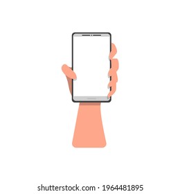 A phone with a blank clean white screen. Hold your phone in your hand. Front view. Vector illustration, flat cartoon design, isolated on white background, eps 10.