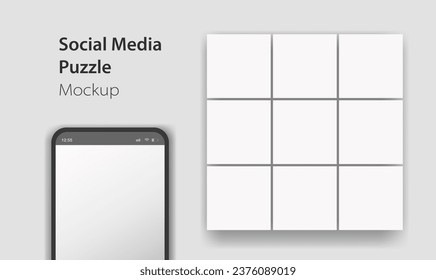 Phone with blank social network puzzle mock up for designs or presentations tape profile. Social media smartphone app page template. Isolated vector Illustration.