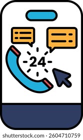 A phone with a blue dial and a red button with the number 24 on it. The phone is surrounded by a blue and white background