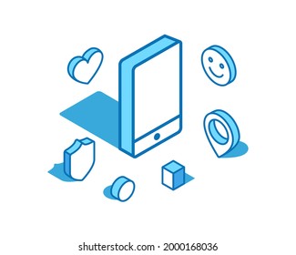Phone blue line isometric illustration. Smartphone, mobile device 3D banner template.