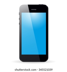Phone with blue screen and shadow on white  background