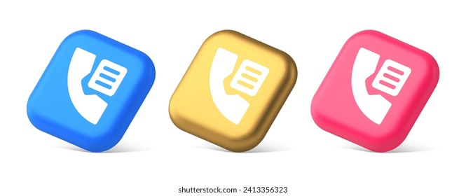 Phone book contact numbers list button search voice communication 3d realistic blue gold and pink icons. Telephone organizer service cell address name mobile cellphone information