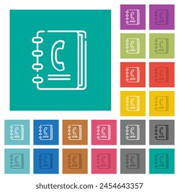 Telefonbuch-Outline mehrfarbige flache Symbole auf einfachen quadratischen Hintergründen. Weiße und dunklere Symbolvarianten für fahrene oder aktive Effekte enthalten.