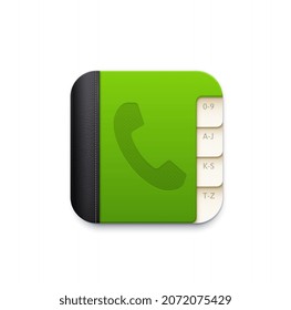 Phone book vector icon of contact app button. Isolated 3d notebook of address book or telephone directory with alphabet index tabs, leather cover and phone tube symbol, web and mobile application