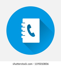 Phone book vector icon on blue background. Flat image notebook for recording telephone numbers with long shadow.  Layers grouped for easy editing illustration. For your design.