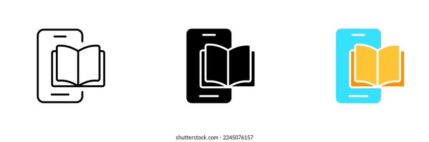 Phone with Books set icon. Paper, digital, electronic, audio, download, listen, note, bookmark. Knowledge concept. Vector icon in line, black and colorful style on white background