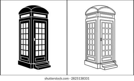 Phone Booth Icon Set with Black Silhouette and Outline Drawing of a Traditional Public Telephone Box.