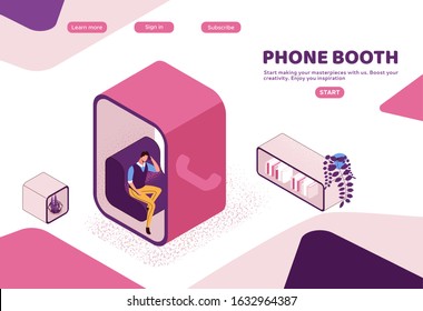 Phone booth isometric vector illustration, man in conversation room, individual workspace, modern office people, graphic vector illustration, landing page template