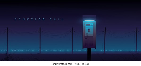 Phone booth on the background of the abandoned desert landscape