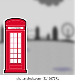 phone booth  sticker on blurred city background . EPS 10