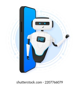 The Phone Bot saluda a los usuarios. Bienvenido al ChatBot. Consulta en línea. Ilustración vectorial.
