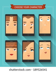 Phone boy and girl characters. Vector illustration