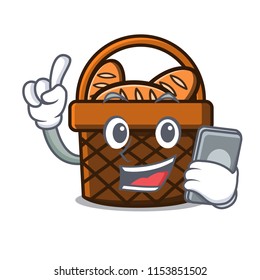 With phone bread basket character cartoon