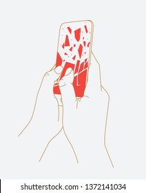 Phone breakdown in hands drawing with thin lines on white background