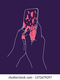 Phone breakdown in hands drawing with thin lines on blue background
