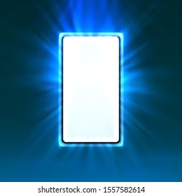 Phone In Bright Blue Color, Rays Of Light In The Background. Vector Illustration