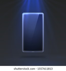 Phone in bright blue color, rays of light in the background. Vector illustration