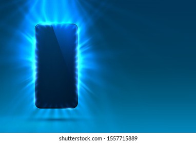 Phone in bright blue color, rays of light in the background. Vector illustration