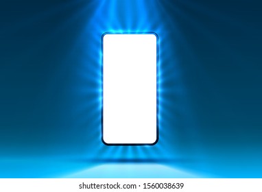 Phone in bright blue color, rays of light in the background. Vector illustration