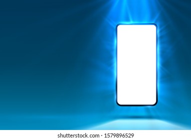 Phone in bright blue color, rays of light in the background. Vector illustration