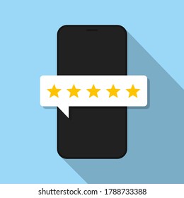 Phone with bubble rating. Vector isolated illustration. Quality stars rating. Feedback concept. Positive review.  5 stars assessment of customer in flat style. Stock vector. EPS 10