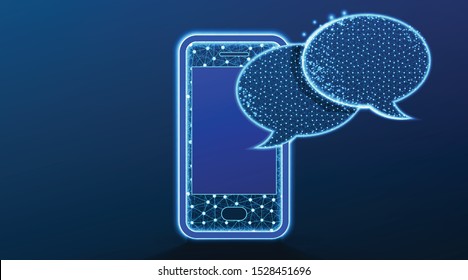 Phone and bubble speech, communication concept. Abstract Low Poly wireframe mesh design. On dark blue background. Vector Illustration