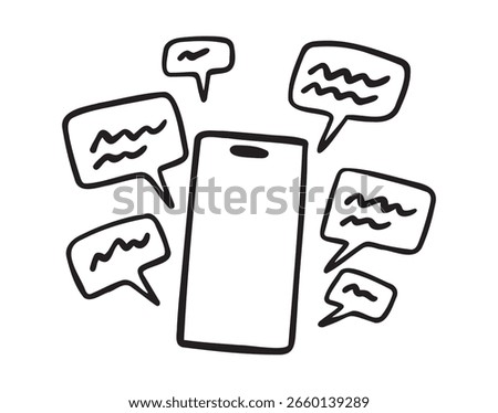 phone with bubble speech messages icon doodle hand drawn. Outline drawing phone with notifications line clipart symbol. Vector illustration