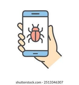 Ícone de bug do telefone. Segure um smartphone com um ícone de bug na tela, simbolizando ameaças e vulnerabilidades da segurança cibernética.