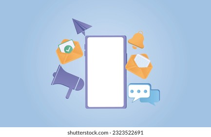 Phone with business management app. Online news and work. Business marketing concept. Smartphone with megaphone, bell and message.
