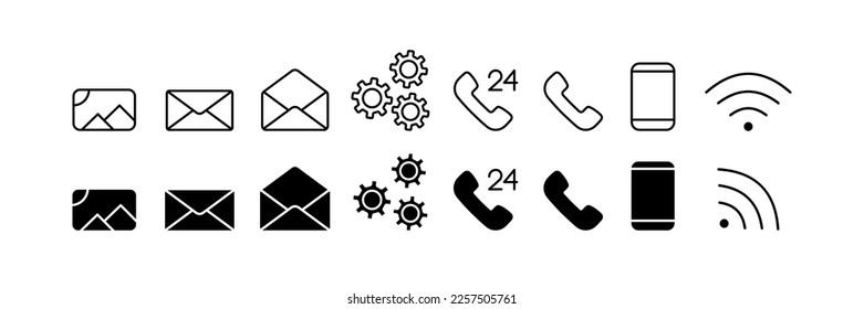 Phone button set icon. Phone, landline, wifi, office, fax, document, paper, employee, client, people, work. Means of communication concept. Vector line icon on white background