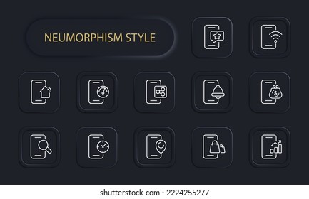Phone button set icon. Magnifier, search, smart home, star, favorite, notification, wifi, speedtest, clock, wallet, pointer, location. Smartphone concept. Neomorphism. Vector line icon