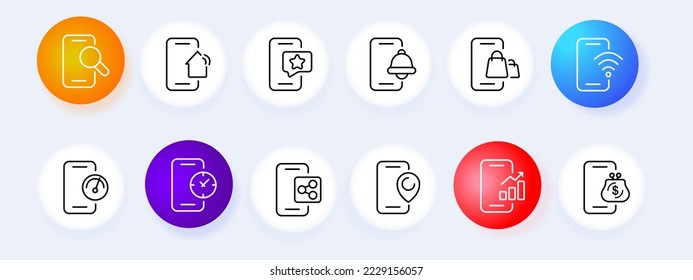 Phone button set icon. Magnifier, search, smart home, star, favorite, notification, connection, wifi, speedtest, clock, wallet, pointer, location. Smartphone concept. Neomorphism style