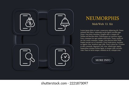 Phone button set icon. Wallet, internet banking, search, magnifier, alarm clock, notification, warch, time management, punctuality. Smartphone concept. Neomorphism. Vector line icon