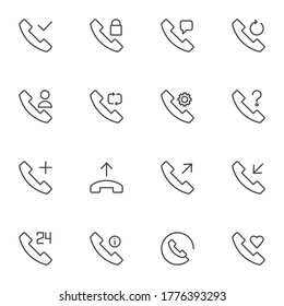 Phone buttons line icons set, outline vector symbol collection, linear style pictogram pack. Signs logo illustration. Set includes icons as telephone handset, contact, settings, support, message, call