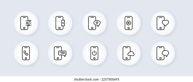 Telefontasten-Symbol eingestellt. Zurücksetzen, Aus-Taste, Cloud-Speicher, Bedienfeld, Herz, Nachricht, Informationen, Wecker, Video ansehen, Ticket, Ladung. Neomorphismus-Stil. Vektorliniensymbol für Werbung