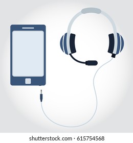Phone and cable with headphone and microphone. Flat design. Empty space for insert text.