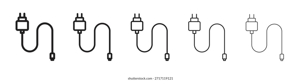 Símbolo del icono del cable del teléfono en línea fina, contorno negro y estilo del movimiento