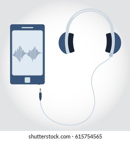 Phone and cable with plug and headphone. Sound wave symbol showing on monitor. Flat design.